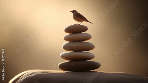 Bird perched on stacked smooth stones