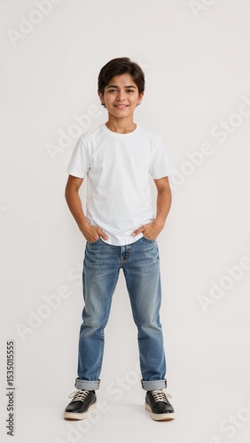 Full length of confident Peruvian boy smiling in a casual outfit in a white tshirt and jeans standing with his arm and leg crossed on plain white background