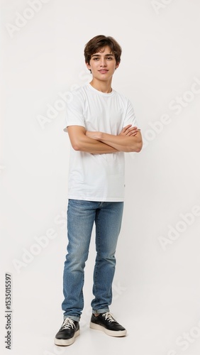 Full length of confident Polish boy smiling in a casual outfit in a white tshirt and jeans standing with his arm and leg crossed on plain white background