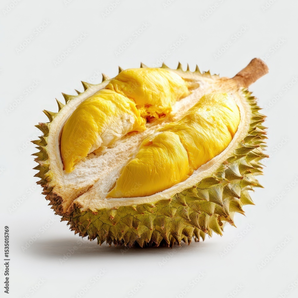 Obraz premium Fresh Durian Fruit Cut Open Showing Yellow Flesh and Spiky Exterior A Close Up Studio Shot of Tropical Durian