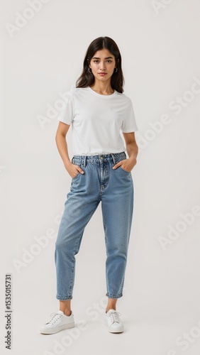 Full length of confident Thai woman smiling in a casual outfit in a white tshirt and jeans standing with her arm and leg crossed on plain white background