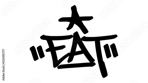 Graffiti tag “Eat” in bold street handstyle. Urban vector lettering with tasty and bold vibe—perfect for food culture designs, culinary merch, and expressive street-style graphic themes.
