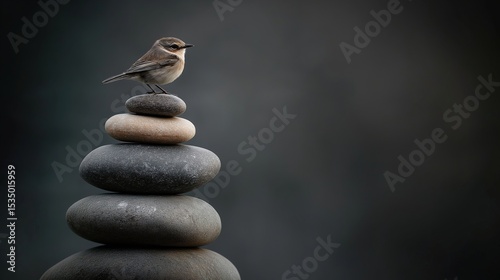 Bird perched on stacked stones in nature