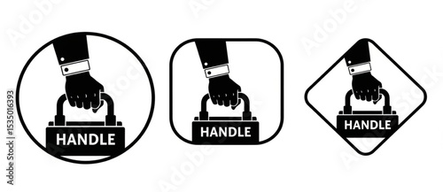 Handle Text with Arm Holding in Circle, Square, Diamond Frames | Push Pull Signage for Product Package Instructions, UI Design and Industrial Safety