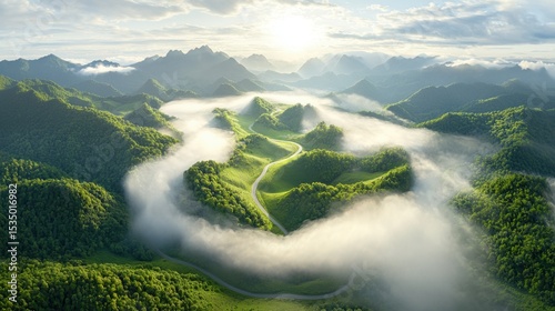 Serene Aerial View of Curving Road Through Lush Green Landscape
