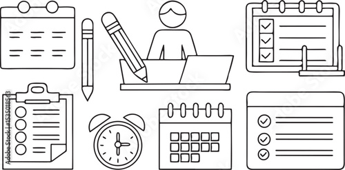 Exam Checklist and Education Icons with Pencil Paper Timer Flat Vector Design
