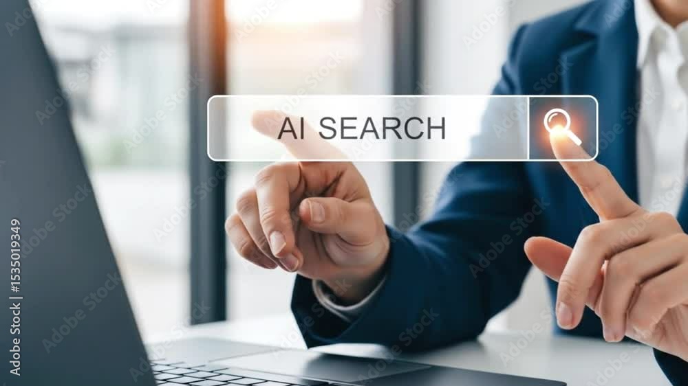 A hand in a blue suit activates an ai search bar, initiating a digital query isolated on white background