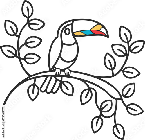 Colorful Toucan on Branch Editable Flat Vector for Jungle and Travel Themes