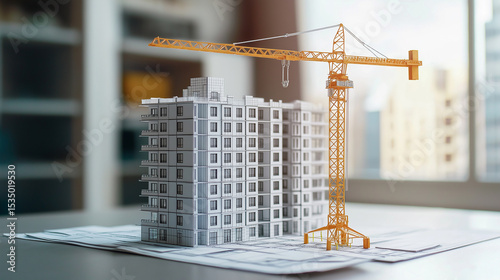 paper house project, high-rise buildings 3D paper design model, construction crane next to a high-rise building, on the table, presented apartment development project, generative ai