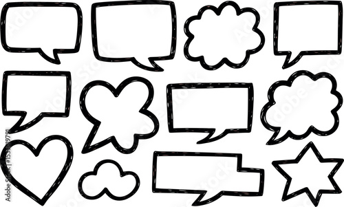 A collection of hand-drawn speech bubbles in various shapes and sizes, including squares, rectangles, clouds, a heart, and a star, is presented. 