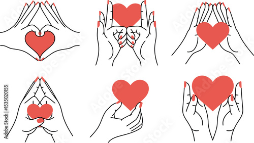 Six different illustrations in line art style depict hands creating a heart shape with their fingers, with some variations including a red heart graphic within the hands. 