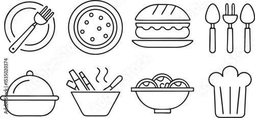 Food Icons with Plate Fork Burger and Pasta Solid Black Unified Vector Set