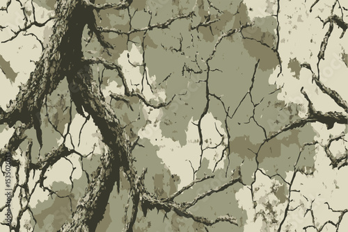 A camouflage pattern with an abstract background of cracked earth and tree branches, designed for military or hunting use.Hunting camouflage background. Vector camouflage texture