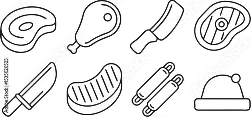 Meat and Butcher Icons with Steak Cleaver and Diagram Solid Black Vector Set