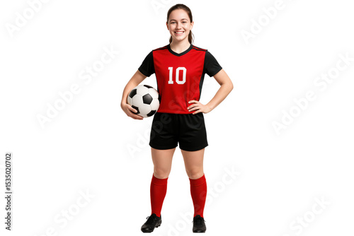 Smiling young female soccer player holding ball in red uniform, isolated on transparent background