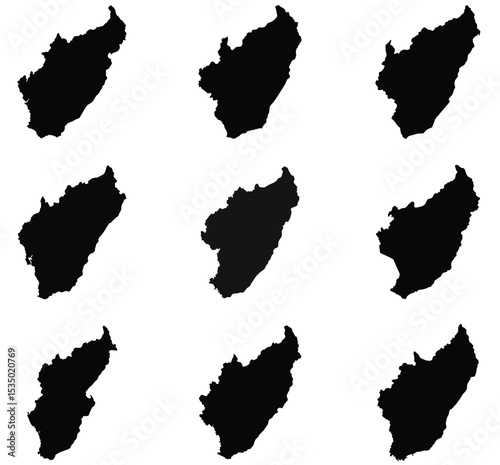 Set of Nine Black Silhouette Maps of an Area