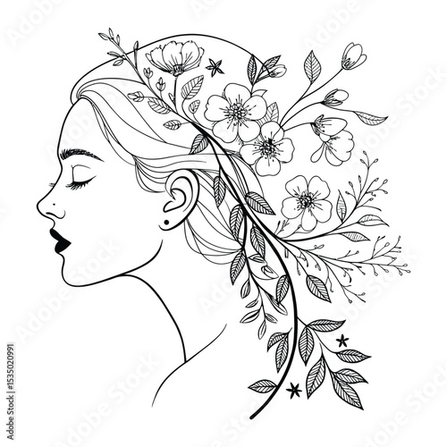 Serene Woman Portrait with Floral Crown Black and White Line Art Illustration Botanical Beauty and Feminine Grace