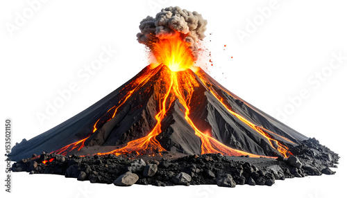 Volcanic eruption with flowing lava and smoke in dramatic landscape photo