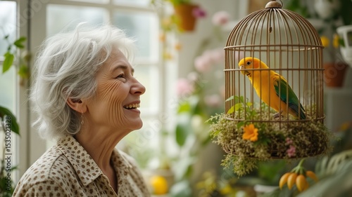 Smiling senior enjoys bird companionship in indoor oasis