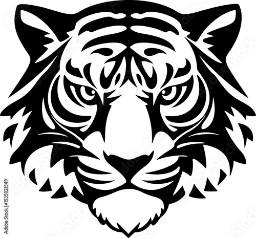 Tiger Portrait Vector. Black and White Monochrome Silhouette. Wild Animal Big Cat Conservation Environment Art