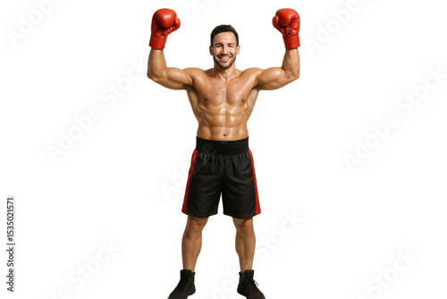 Smiling young male boxer raising arms wearing boxing gloves, isolated on transparent background