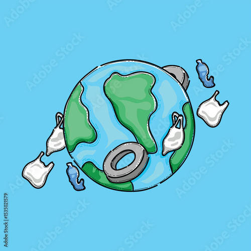 Illustration depicting Earth with plastic waste and pollution, emphasizing environmental concerns and the critical need for eco-friendly solutions to combat planetary waste and conserve natural.