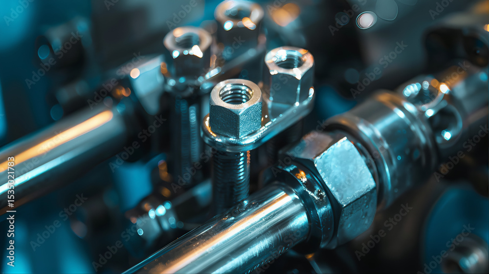 Fototapeta premium Close up of a Torque pipe wrench assemble Threaded Valve Joint. Close up of an industrial machine. Industrial pipes and valves. Close up view of a metal gears with wrench, nuts and bolts