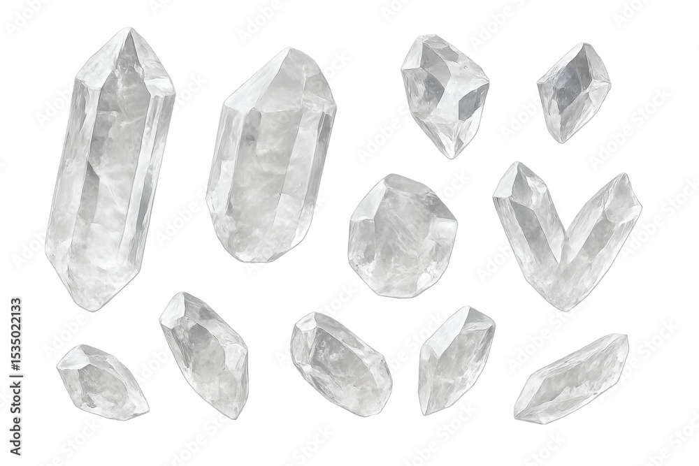 Naklejka premium White quartz crystals of various shapes floating on a transparent background, creating a mystical and ethereal atmosphere
