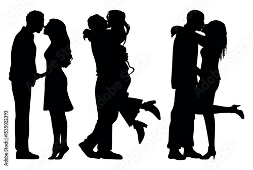  Kissing couple silhouette on white background.