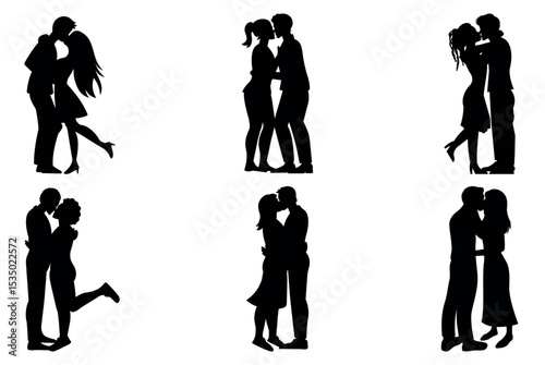  Kissing couple silhouette on white background.
