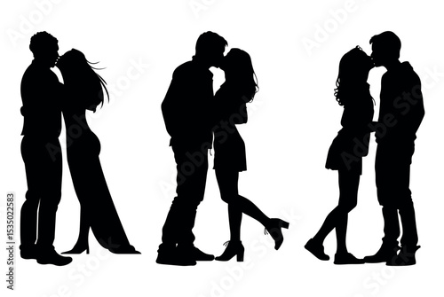  Kissing couple silhouette on white background.