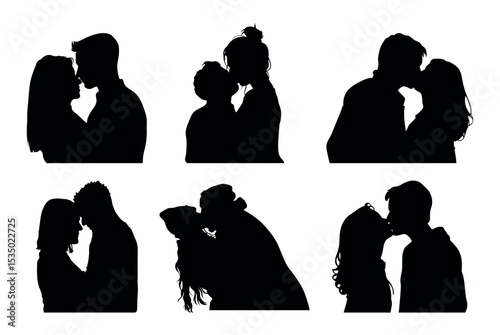  Kissing couple silhouette on white background.