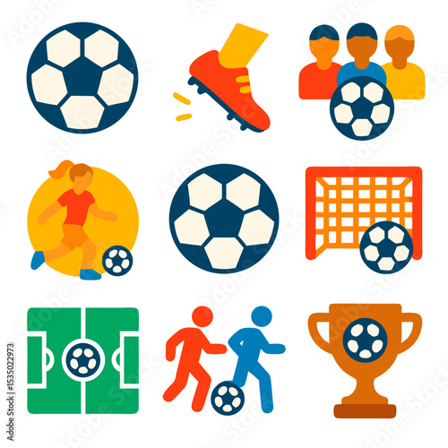Soccer ball nine icons depict players ball goal and trophy celebrating victory.