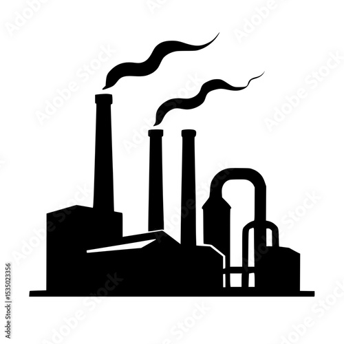 Industrial factory silhouette with smokestacks and emissions  