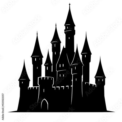 Black silhouette of a medieval castle with multiple towers  