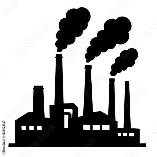 Industrial factory silhouette with smoke stacks and emissions  