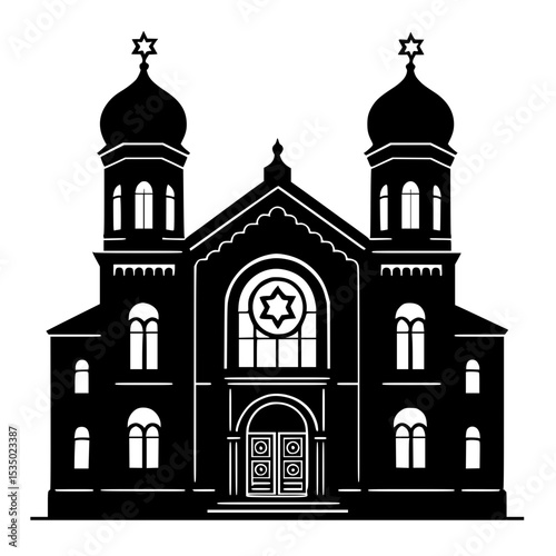 Black silhouette of a synagogue building with two domes  