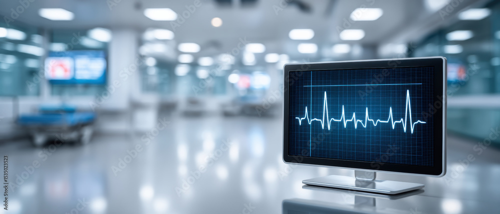 Fototapeta premium Healthcare big data is displayed on monitor showing heart rate in modern hospital room with medical equipment and bright lighting