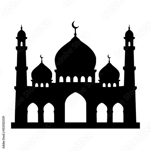 Mosque silhouette with domes and minarets in black design  