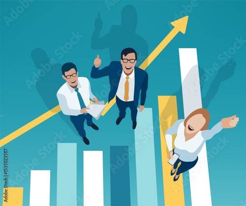 Three smiling business people standing on a growing business graph viewed from above are enjoying success. Vector illustration.