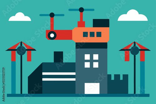 Futuristic Cityscape with Flying Drone A Modern Urban Illustration