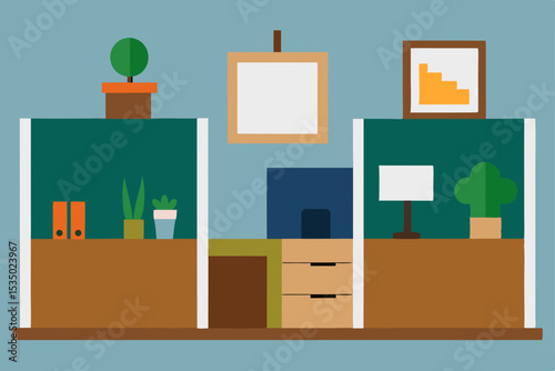 Modern Office Cubicle Design Plants, Desk, and Organization