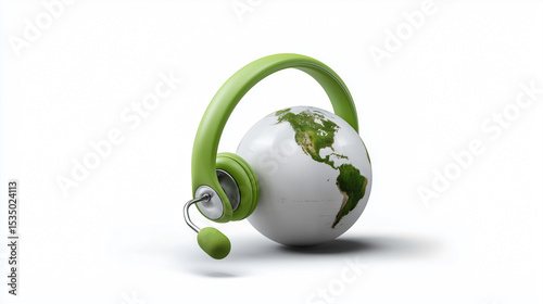 Global Communication Concept Featuring Headset and Earth with Green Elements for Environmental Awareness and Connectivity Themes