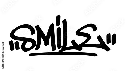 Vector graffiti tag of the word “smile” in bold black street art style. Expressive handstyle lettering on transparent background. Perfect for urban and edgy design.
