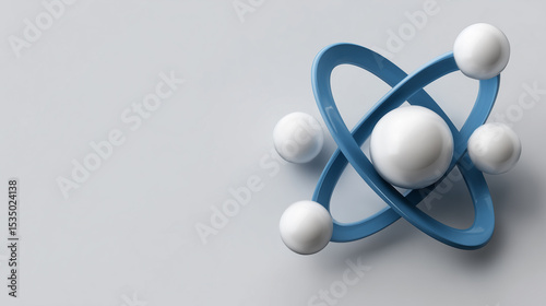 3D Model of an Atom with Blue Orbitals and White Nuclei Against a Soft Gray Background for Scientific and Educational Uses