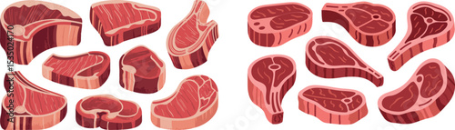 A collection of illustrations shows various cuts of red meat. The image is informative, representing different types of meat portions
