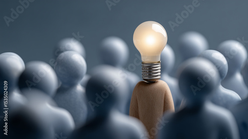 Unique concept of leadership and creativity represented by a person with a light bulb for a head surrounded by a crowd of faceless figures, symbolizing innovative ideas