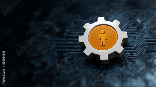 Orange human figure inside a gear symbol on a dark textured surface with circuit patterns representing technology and integration of human and machine elements