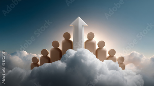 Conceptual image depicting teamwork and leadership with abstract figures on clouds and a large upward arrow symbolizing success, growth, and aspiration