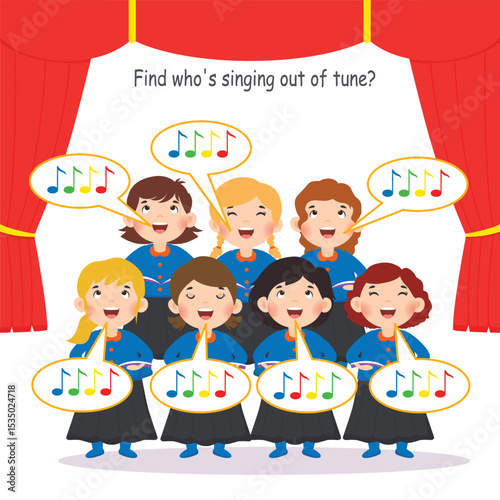 Game for children. Choir of pretty girls.  Determine who is out of tune on stage. A game of logic, comparison and attention. Vector illustration